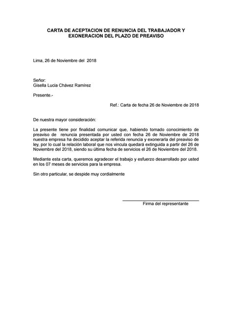 Carta De Aceptacion De Renuncia Del Trabajador Y Exoneracion Del Plazo