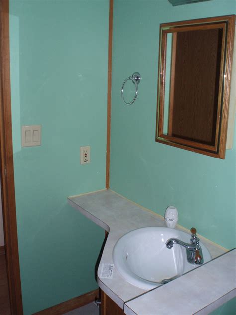 Bathroom Of Our New Home Currently Mint Green Walls With Honey Oak