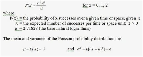 The probability that a success will occur in an extremely small region is virtually zero the poisson parameter lambda (λ) is the total number of events (k) divided by the number of units (n) in the data the equation is: Applied Statistics: The Poisson Probability Distribution ...