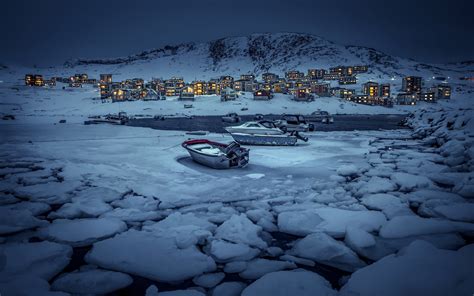 Nature Landscape Mountain Snow Water Winter Boat Greenland Evening