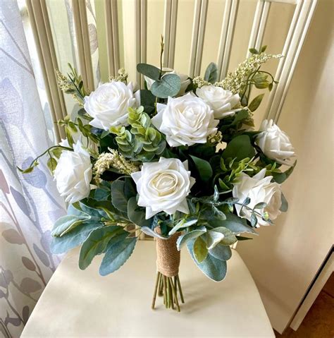 Boho Wedding Bouquet Ready To Ship Premium White Roses And Greenery