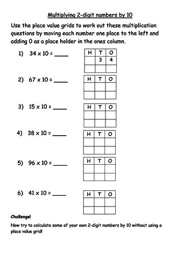 Multiply 2 Digit Numbers By 10 Worksheet