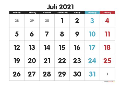 Juli 2021 Kalender Zum Ausdrucken Pdf Excel Word Riset
