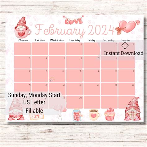 EDITABLE February Calendar Homebabe Calendar Valentine S Day Loving Gnoms Printable