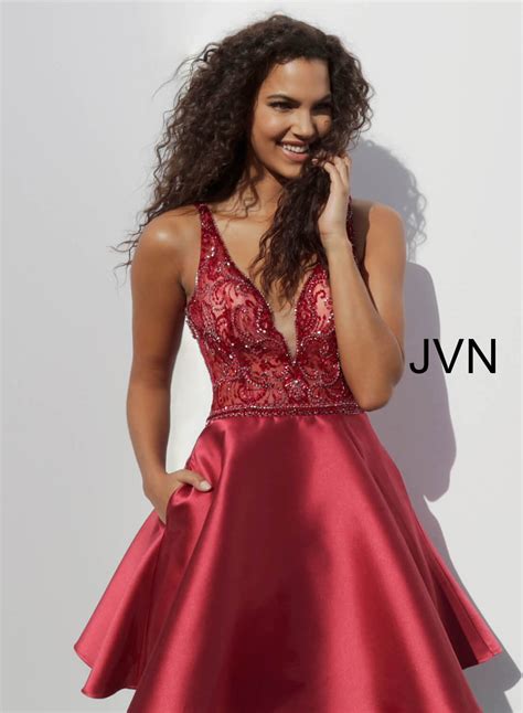 Jvn64206 Dress Burgundy Fit And Flare Plunging Mikado Short Dress