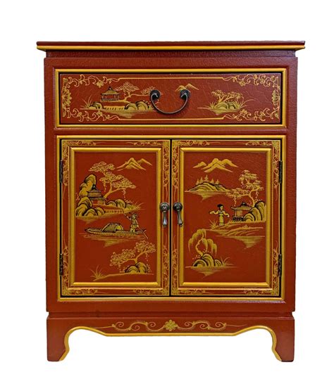 Cabinet Chinese Red Lacquer 30 High Hand Painted Landscape Oriental
