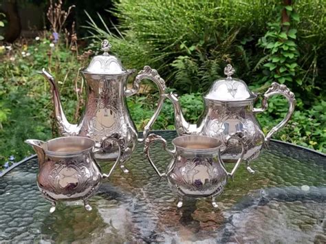 Vintage Silver Plate Epns Tea Set Coffee Teapot Milk Jug Sugar Bowl Joo