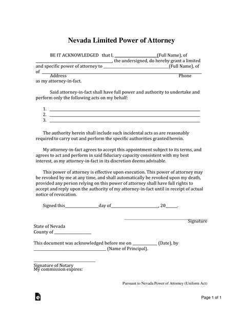 Free Nevada Limited Power Of Attorney Form Pdf Word Eforms