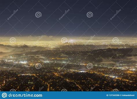 Los Angeles Night Fog Aerial Skyline View Stock Photo Image Of City