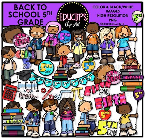 Back To School Fifth Grade Clip Art Bundle Color And Bandw Edu Clips