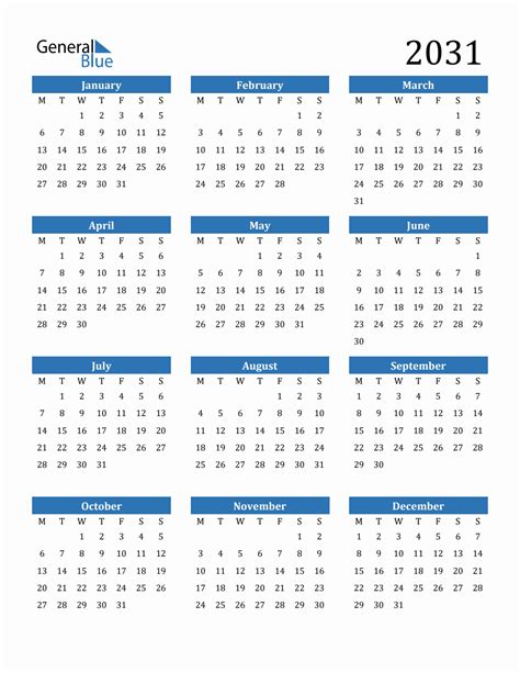 2031 Calendar With Monday Start