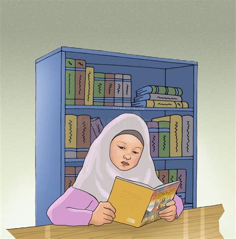 Hijab Girl Reading Book At Library Illustration Stock Illustration Illustration Of Person