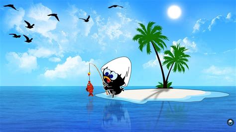 Fishing With Background Of Blue Sky And Trees Hd Cartoon Wallpapers