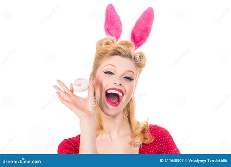 Easter Funny Bunny Beautiful Blonde Girl With Bunny Ears And Egg