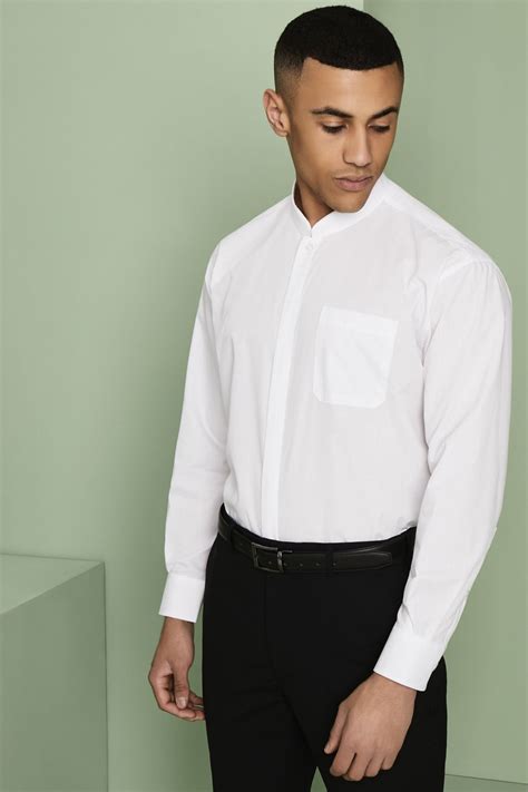 Mens Long Sleeve Mandarin Collar Shirt White Simon Jersey