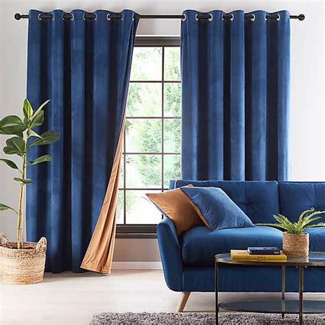 Reversible Navy and Butterscotch Velour Eyelet Curtains | Blue and