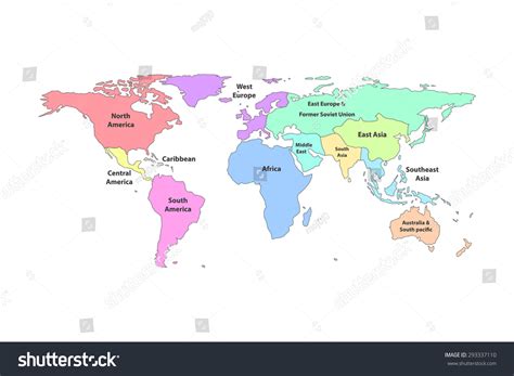 Colorful Detail World Map Regions With Continent Name Isolated On