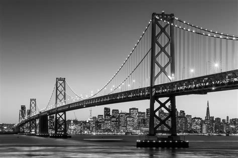 San Francisco Skyline And Bay Bridge At Sunset In Black