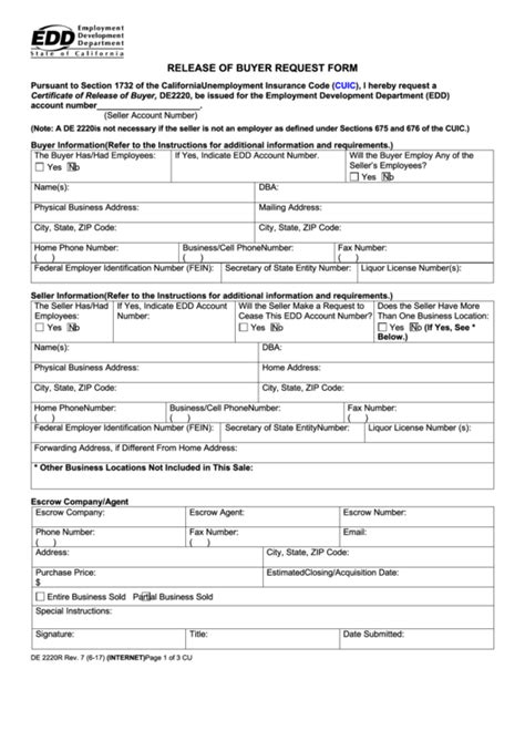 California unemployment insurance provides compensation for workers who are unemployed due to no fault of their own. Fillable Form De 2220r - Release Of Buyer Request Form - California Edd - 2017 printable pdf ...