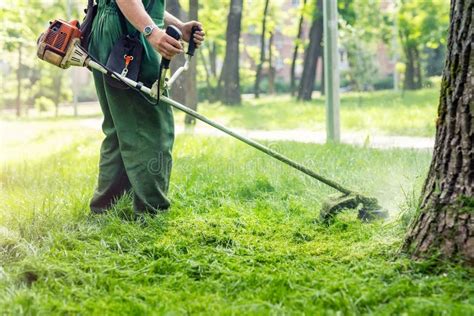 Worker Mowing Tall Grass With Electric Or Petrol Lawn Trimmer In City