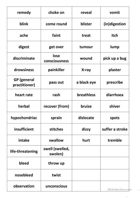 Start studying vocabulary illnesses and injuries. Health (illnesses, injuries, medicine) - English ESL ...