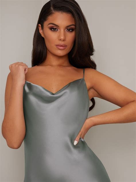 Satin Slip Day Dress With Cowl Neck In Silver Chi Chi London