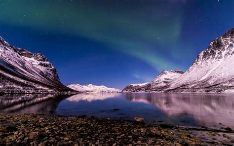 Norway Northern Lights Winter Night Tromso Fjord Wallpaper Nature