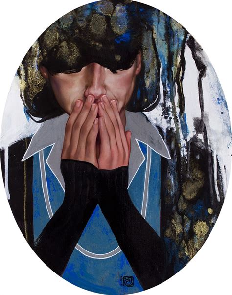 A Painting Of A Person Covering Their Face With His Hands And Looking At The Camera