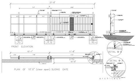 Elevation And Sectional Of Sliding Gate 2d View Autocad File Sliding