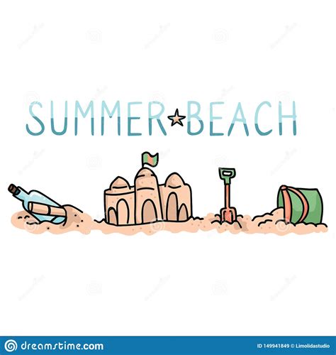 Cute Summer Beach Day Cartoon Vector Illustration Motif Set Hand Drawn