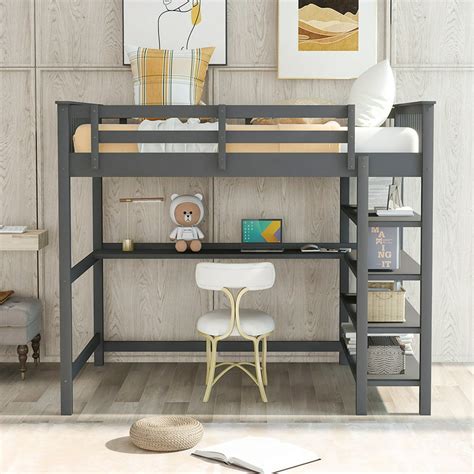 Stop Now Full Rubber Wood Loft Bed With Open Storage Shelves And Under