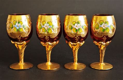 Four Rare Antique Moser Bohemia Handpainted Wine Glasses Hand Painted Wine Glasses Antique