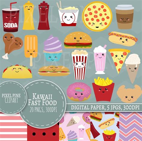 Kawaii Fast Food Clipart Set Cute Food Clipart 20 Pngs 5 Etsy