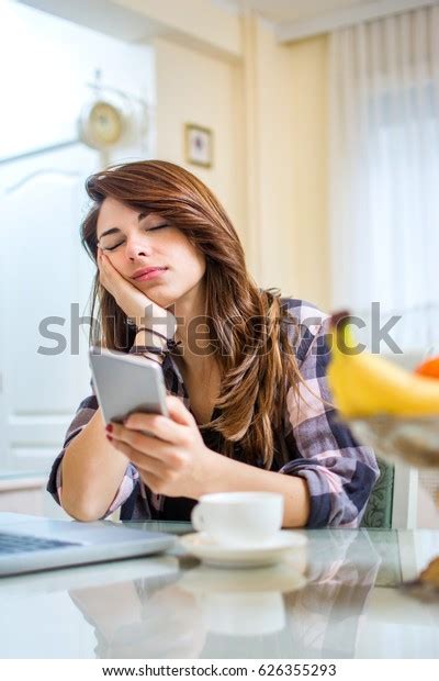 Portrait Tired Sleeping Young Woman Holding Stock Photo Edit Now