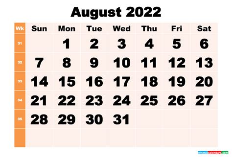 Free Printable August 2022 Calendar Template Word Pdf