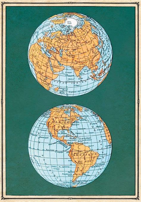 Map Of The Worlds Hemispheres Two Views Printable Posters Art