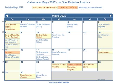 Calendario Mayo 2022 Para Imprimir América