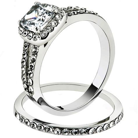 Artk2180 Stainless Steel 18 Ct Halo Princess Cut Cz Wedding Ring Set