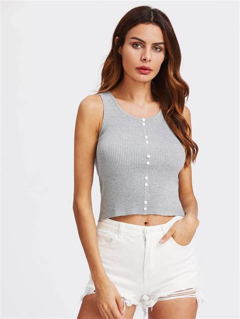 Button Front Rib Knit From Fitting Tank Top Shein Sheinside