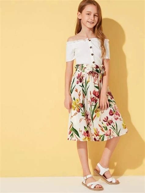 Girls Paperbag Waist Floral Print Skirt In 2020 Printed