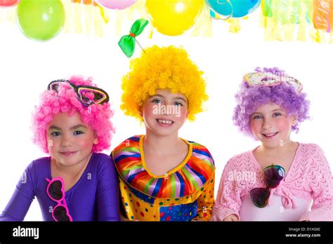 Children Happy Birthday Party With Clown Wigs Colorful Holiday