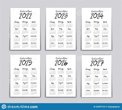 Calendar 2022 2023 2024 2025 2026 2027 Year Lettering Calendar