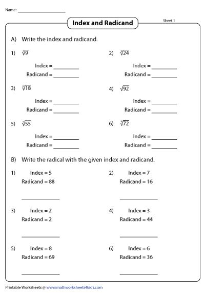 Index And Radicand Worksheets