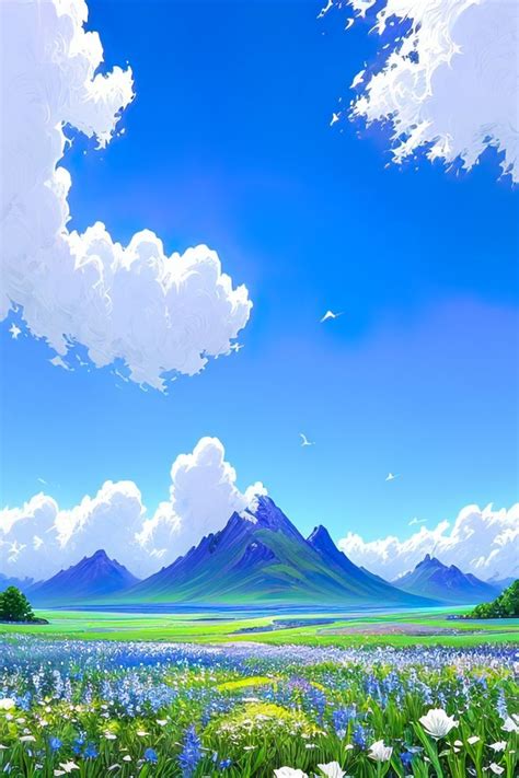 An Artistic Painting Of Mountains And Flowers In The Foreground With Blue Skies Above