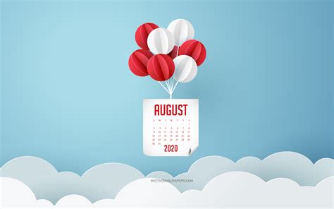 Download Wallpapers 2020 August Calendar Blue Sky White And Red