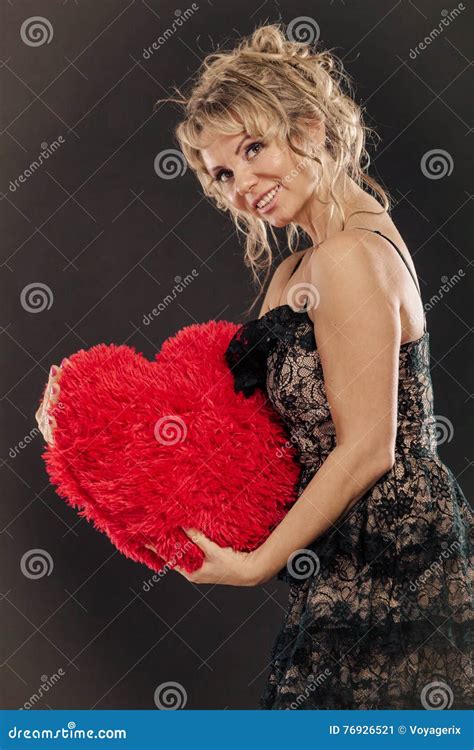 Mature Woman Hug Big Red Heart Stock Image Image Of Mature Girl 76926521