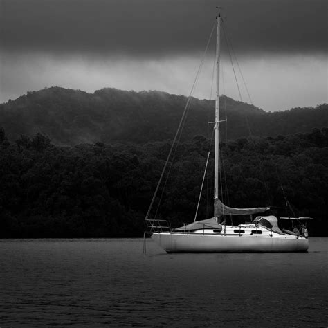 Download Wallpaper 2780x2780 Boat Mast Lake Trees Black And White