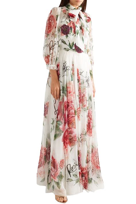 Dolce Gabbana Pussy Bow Floral Print Silk Chiffon Gown Sale Up To