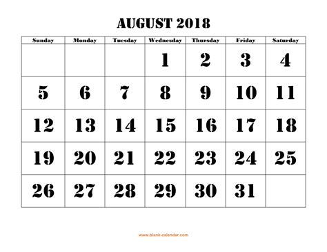 Free Download Printable August 2018 Calendar Large Font Design