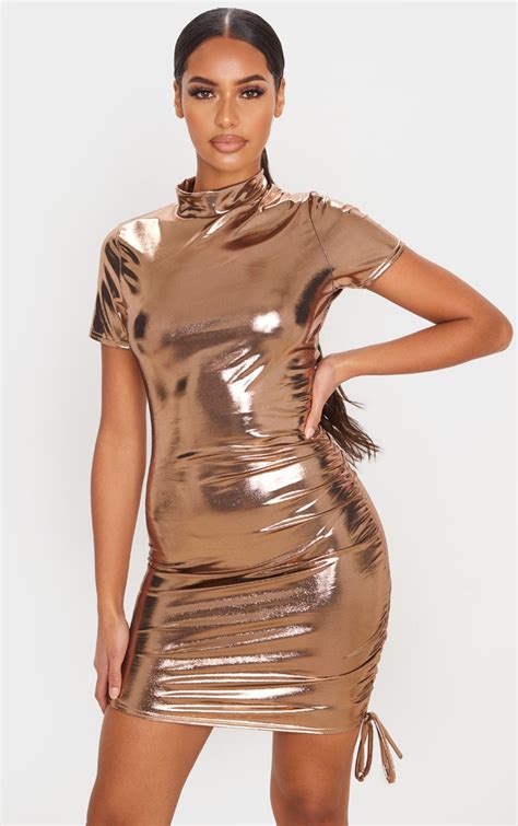 Rose Gold Metallic Bodycon Dress Prettylittlething Usa